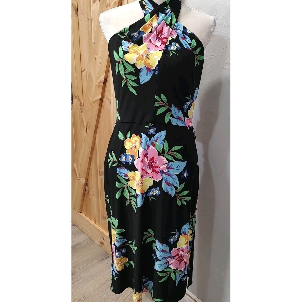 Lauren Ralph Lauren Floral Halter Dress Midi Stretch Jersey Sz 8 Coastal Wedding